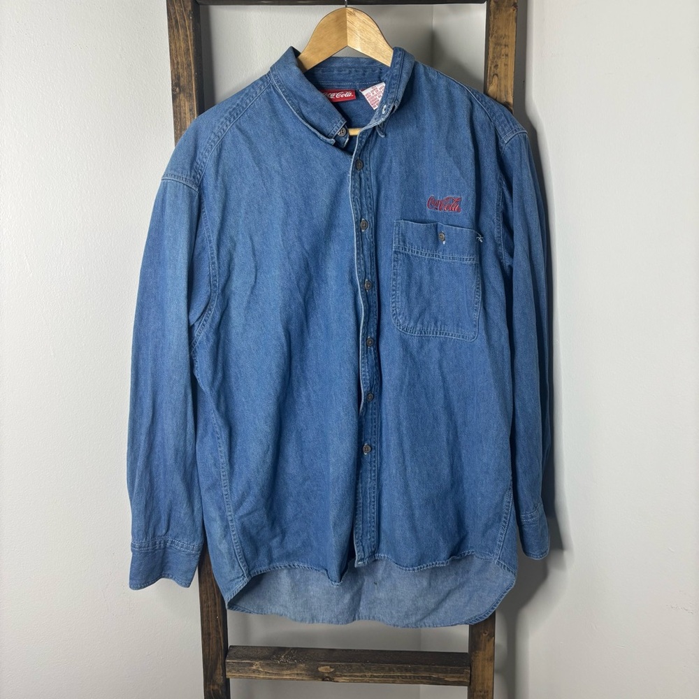 Vintage 90s Coca Cola Denim Jean Solid Cotton Button Up Shirt L
